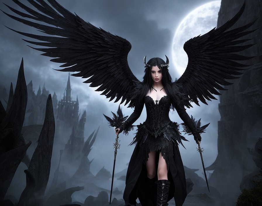 Mystical Figure with Wings in Ethereal Landscape