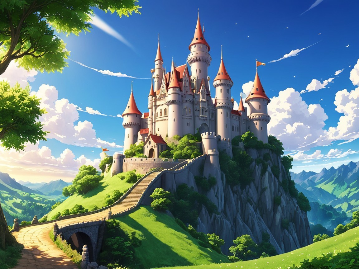 Fairy Tale Castle on Rocky Hill with Lush Surroundings