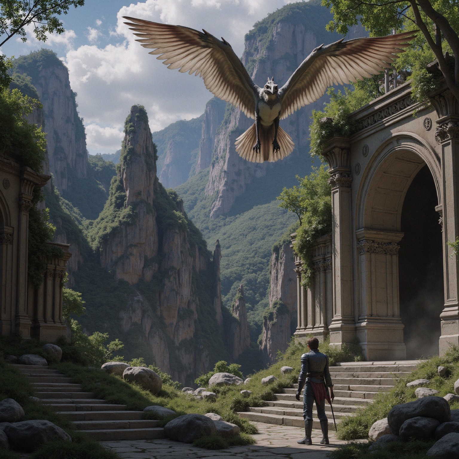 Lone Figure at Ancient Ruins in Dramatic Landscape