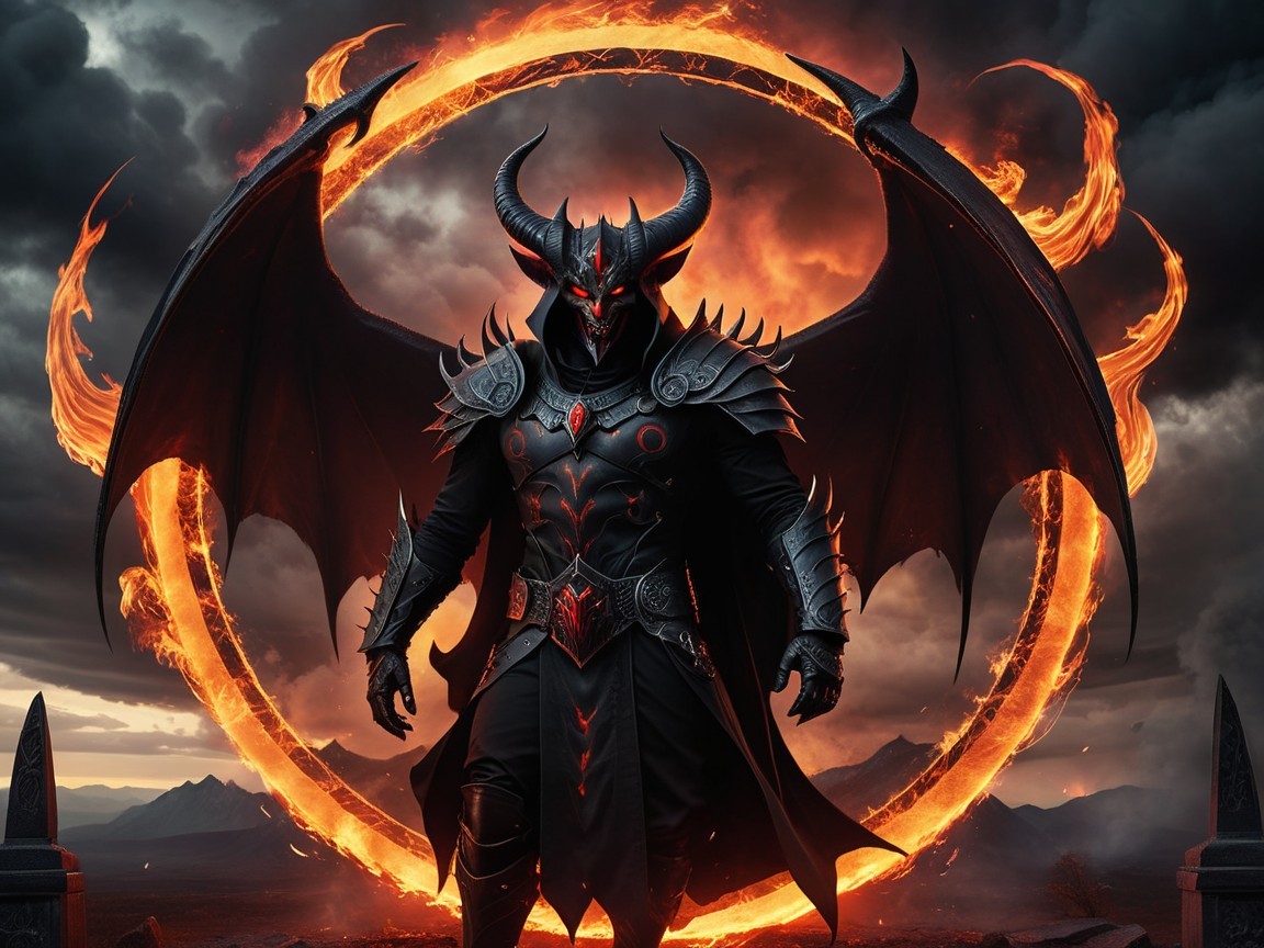 Menacing Figure in Dark Armor with Fiery Symbol