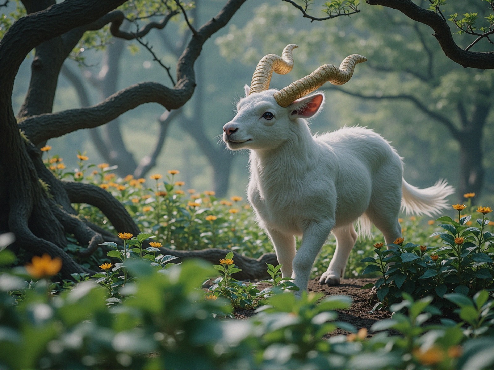 White Goat in a Sun-Dappled Forest with Flowers