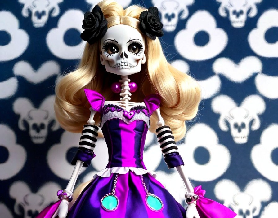 Intricately Designed Skeleton Face Doll with Purple Dress