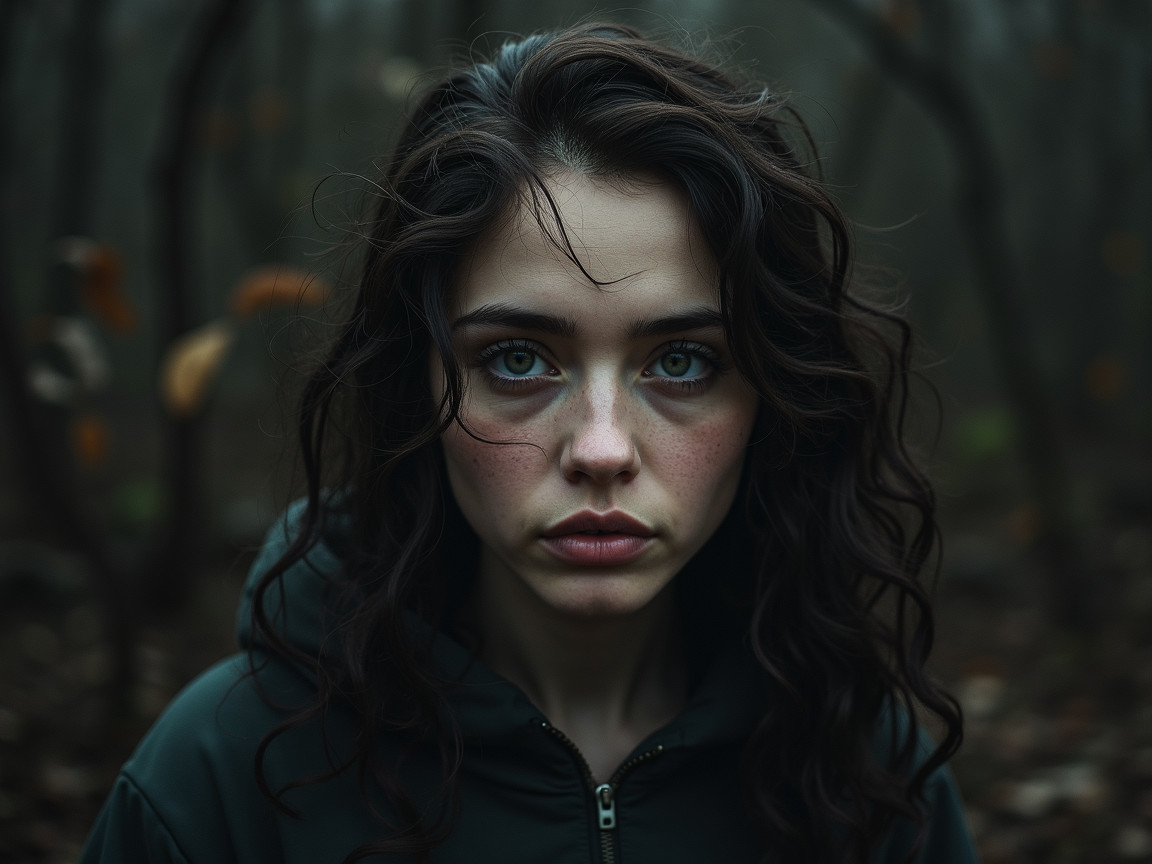 Young Woman in Misty Forest with Striking Blue Eyes