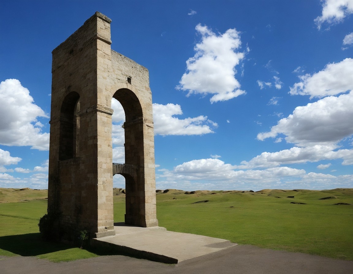 Solitary Stone Archway in Green Fields and Blue Sky