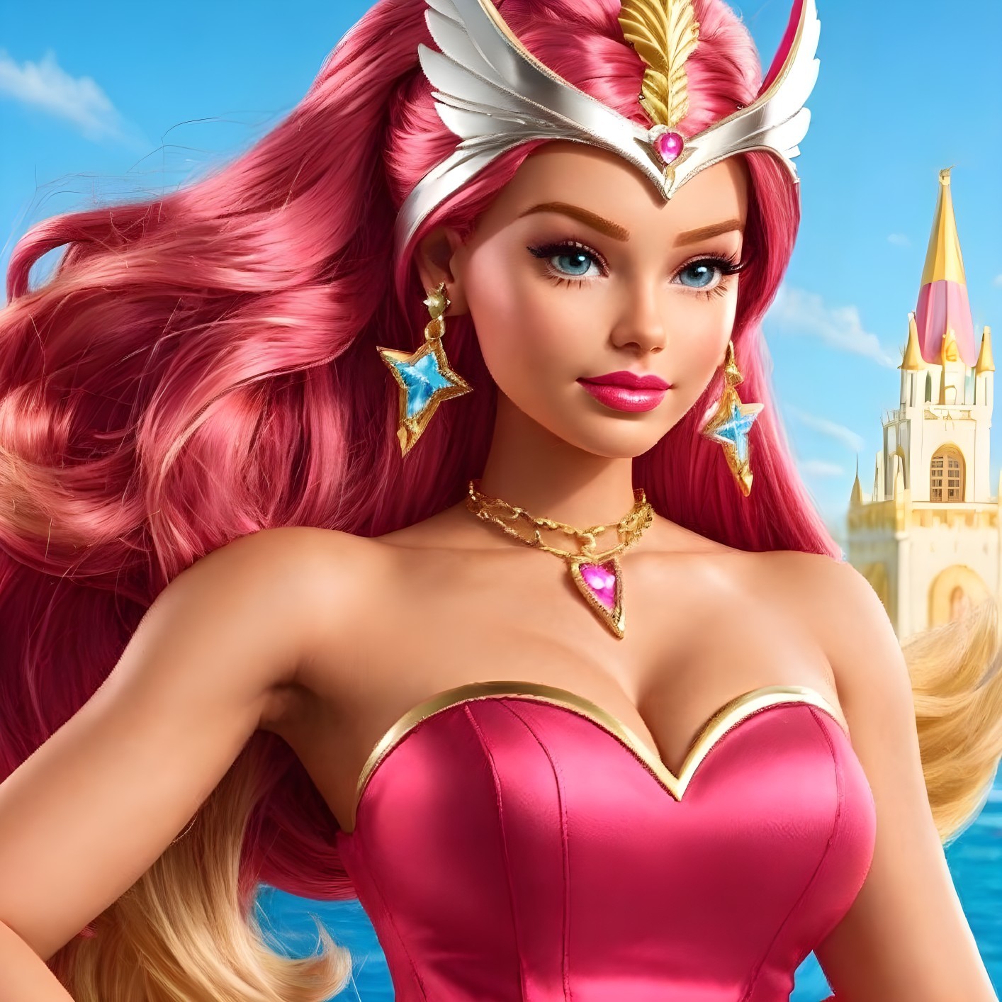 Glamorous Character in Pink Gown by Castle Water