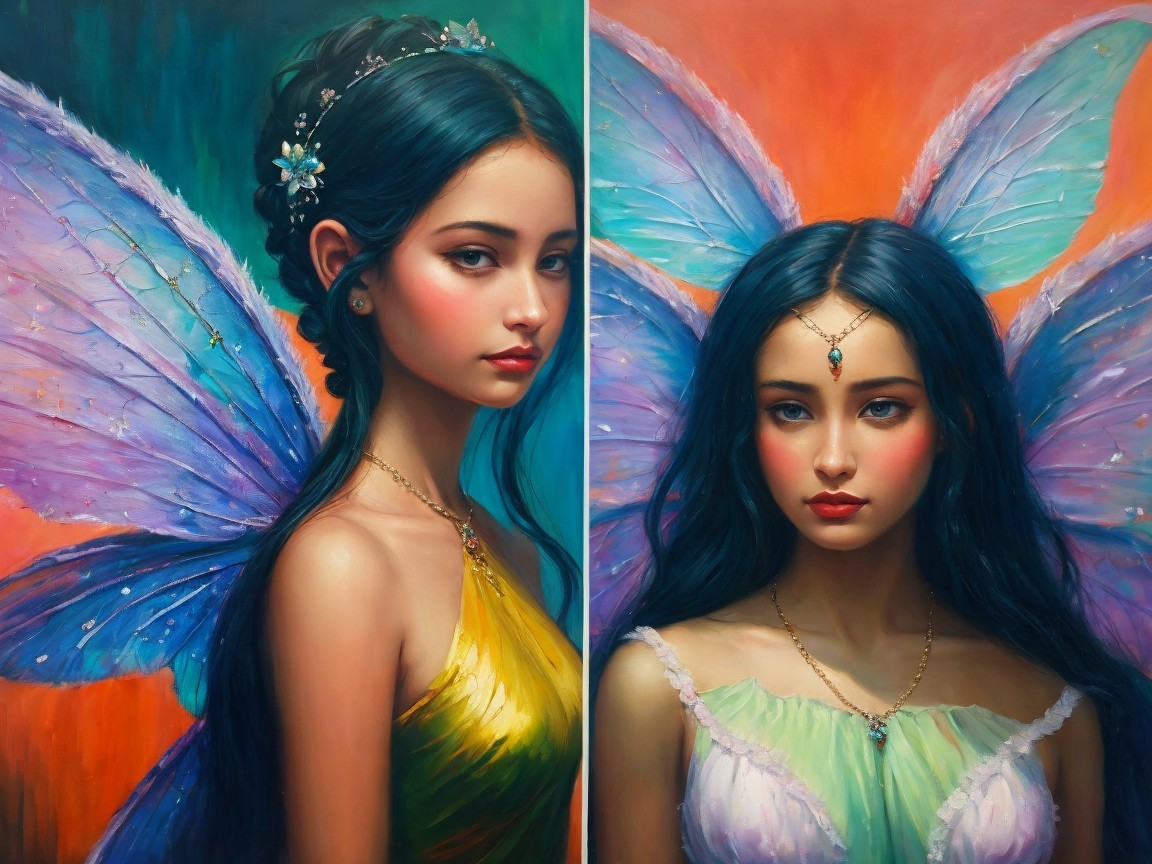 Fairy-like figures with colorful wings and gowns