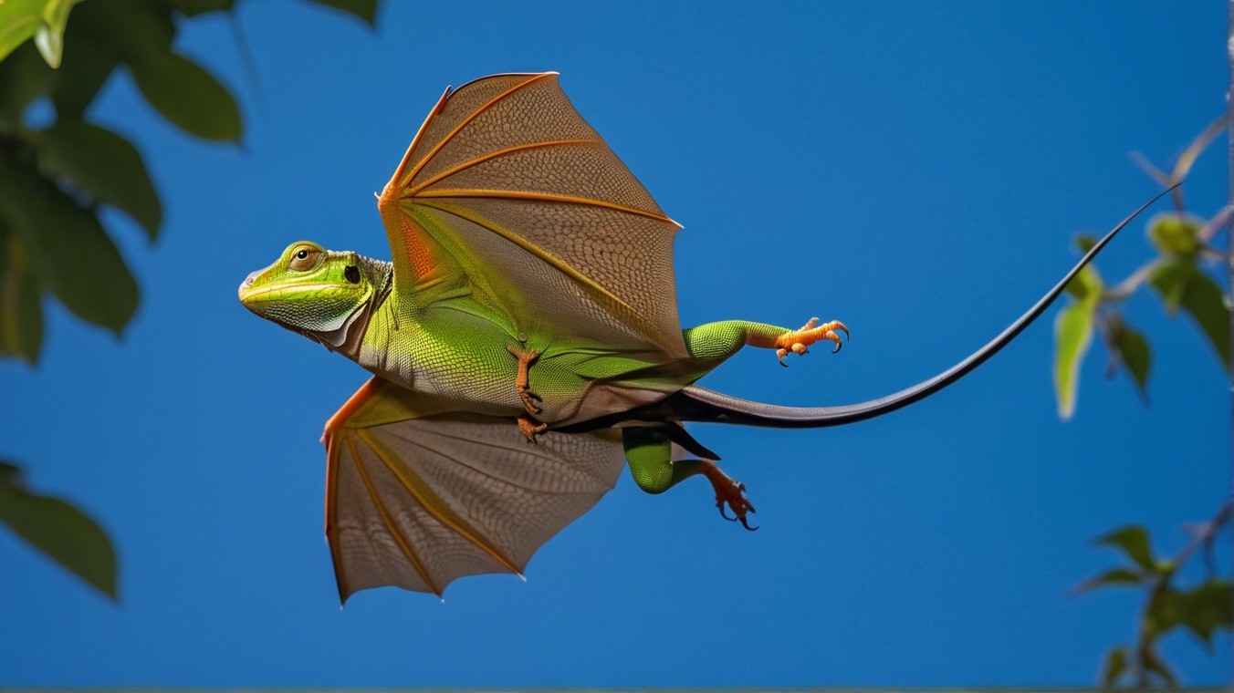 Vibrant Green Lizard Gliding Against Blue Sky