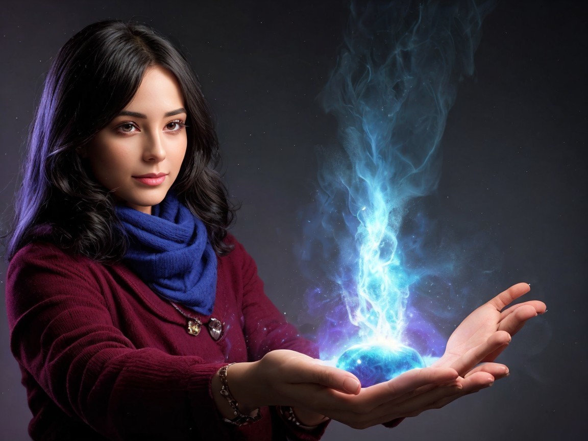 Young woman channeling energy with glowing blue orb