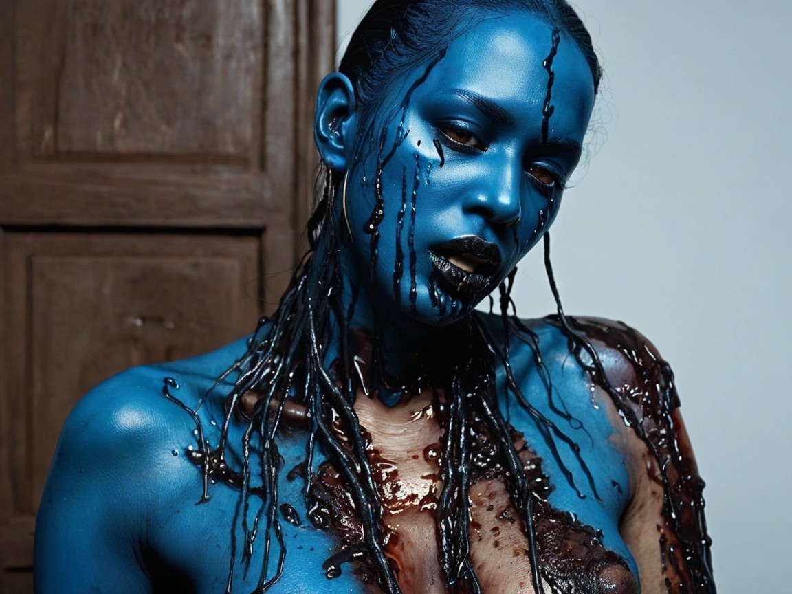 Vibrant Blue Body Paint on Dark Background