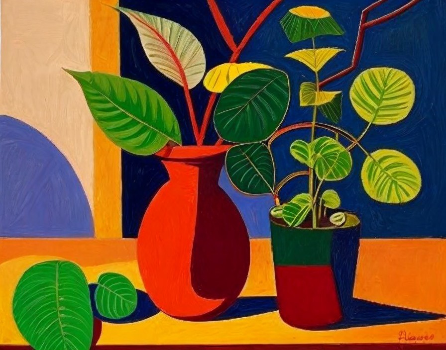 Vibrant Still Life of Potted Plants with Colorful Backdrop