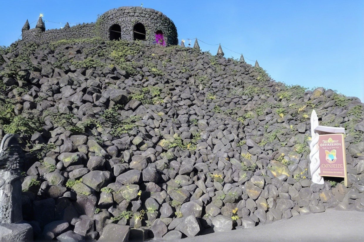 Hillside Fortress with Volcanic Rocks and Foliage
