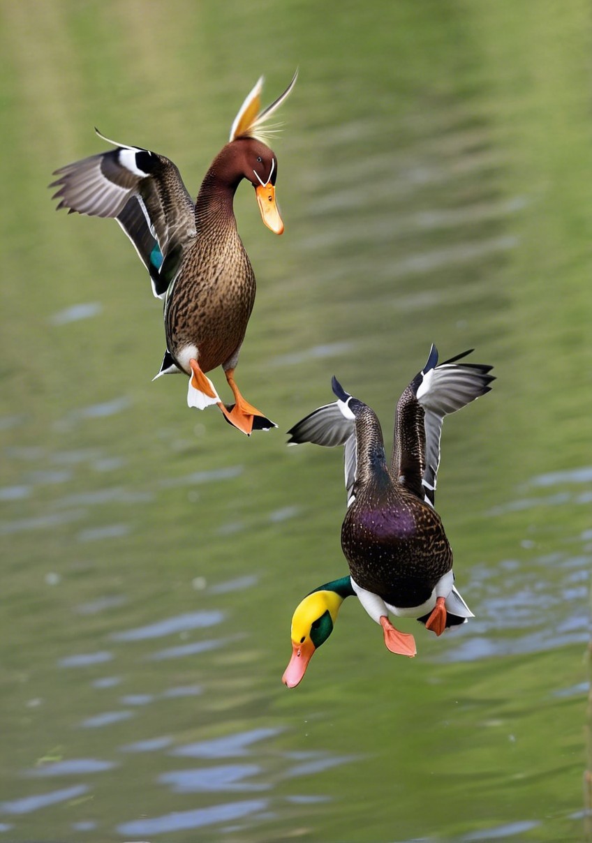 Male Ducks in Mid-Air Above Tranquil Water Scene