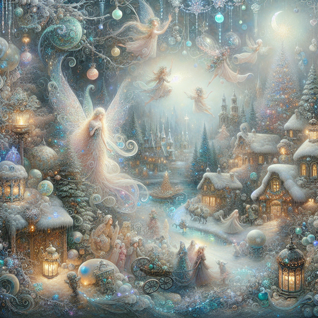Whimsical Fairies Over Snowy Village Scene