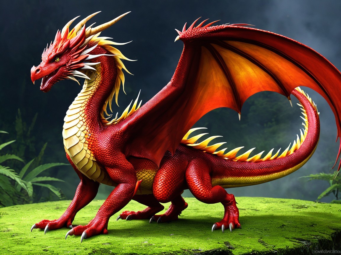 Majestic red dragon on vibrant green mossy surface