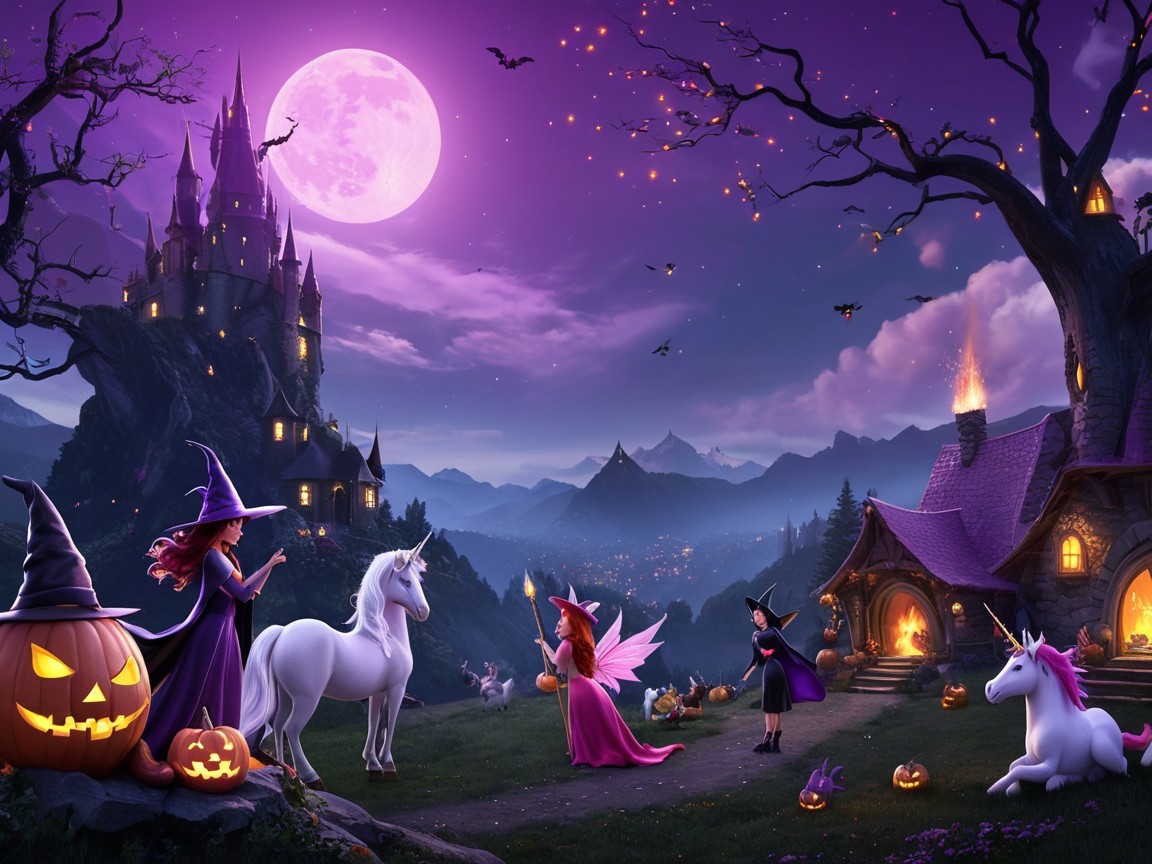 Whimsical Twilight Landscape with Unicorns and Castle