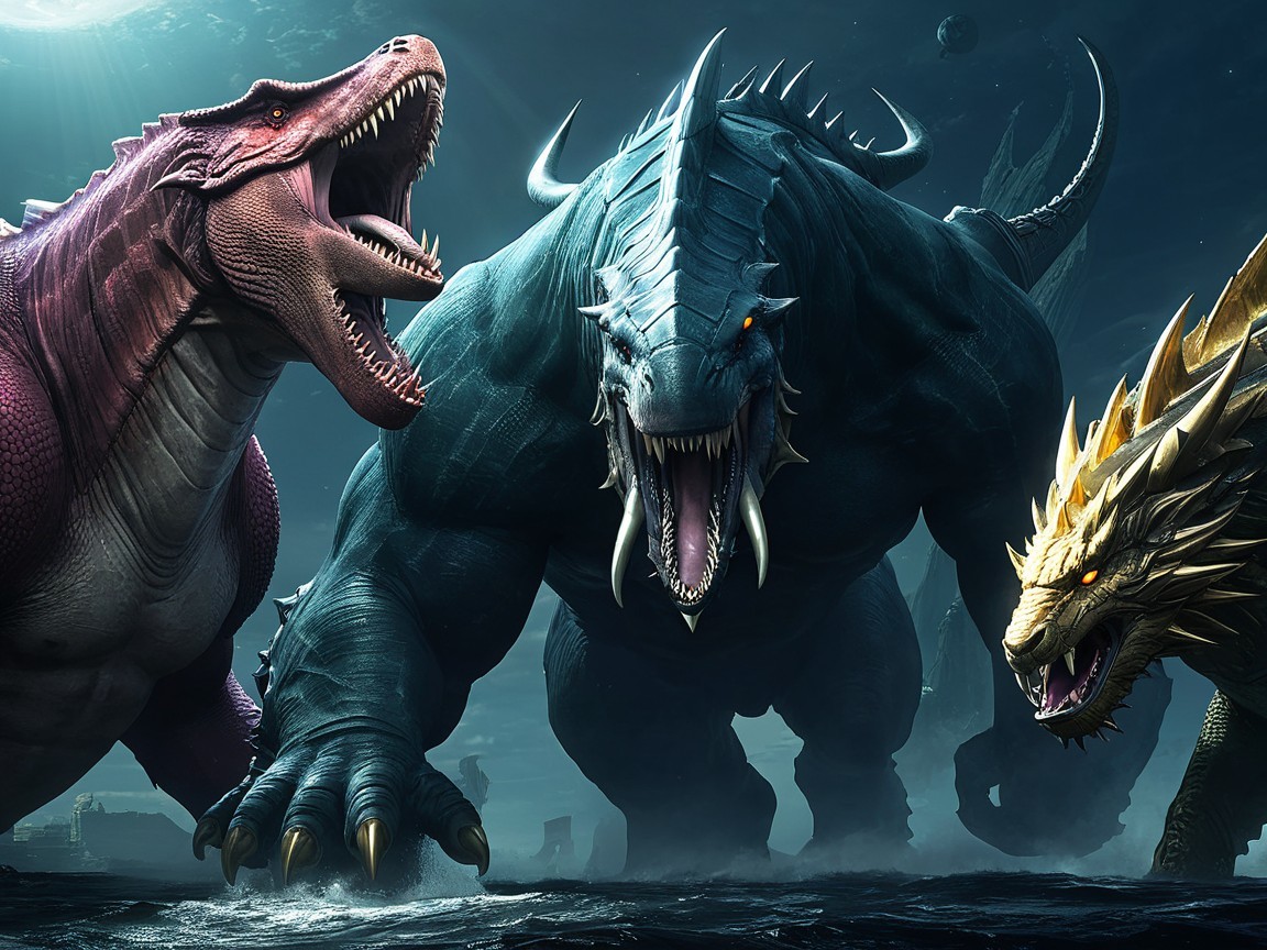 Colossal Fantastical Creatures in Ominous Surroundings