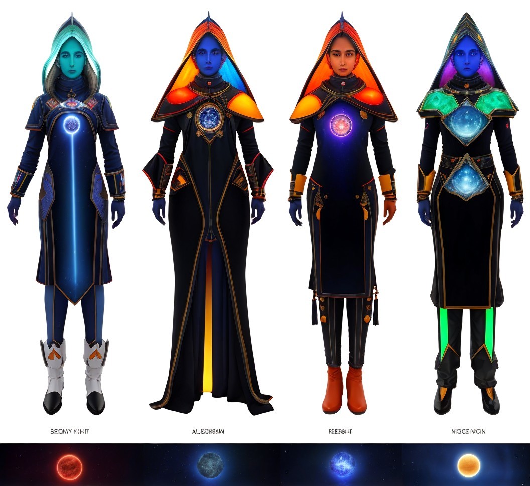 Futuristic Characters in Celestial-Themed Robes