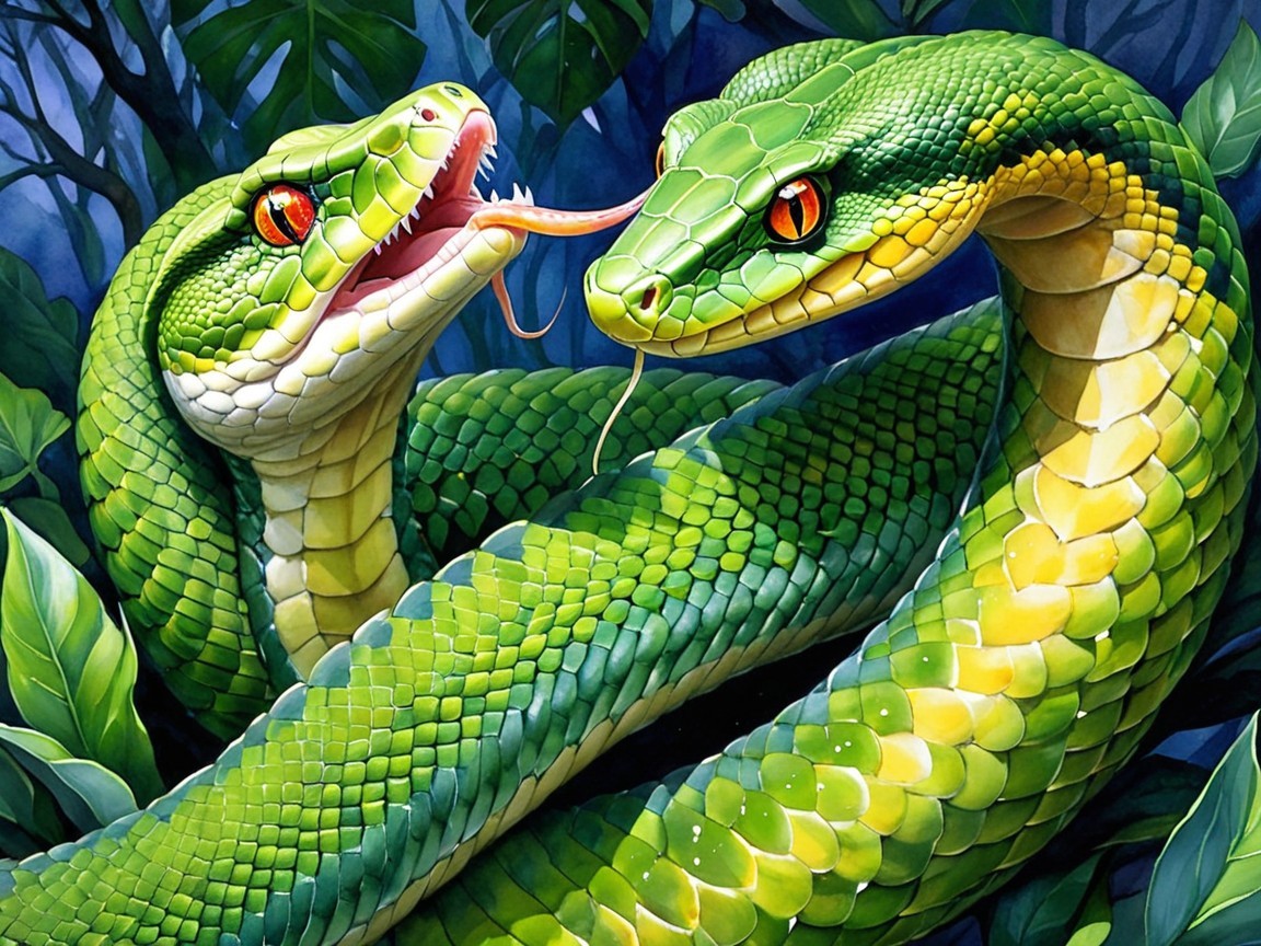 Vibrant portrayal of intertwined green snakes in nature