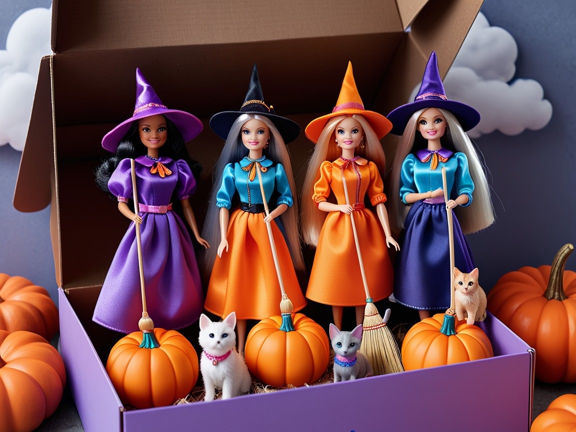 Colorful Halloween Dolls in Witch Costumes with Cats