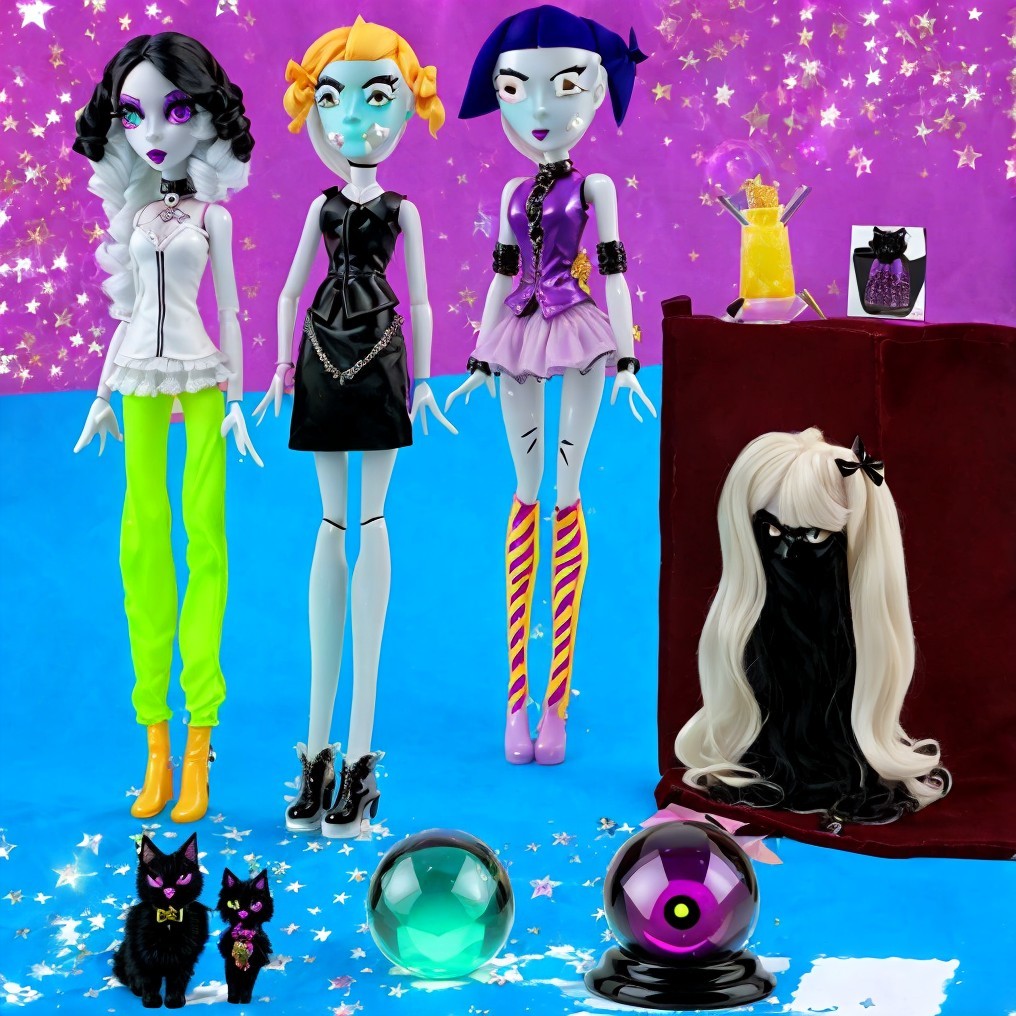 Stylish Dolls in Colorful Outfits Against Purple Background