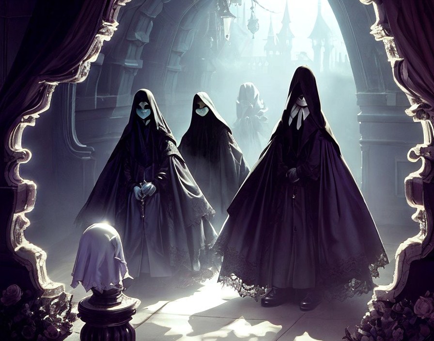 Gothic Scene with Cloaked Figures in an Archway
