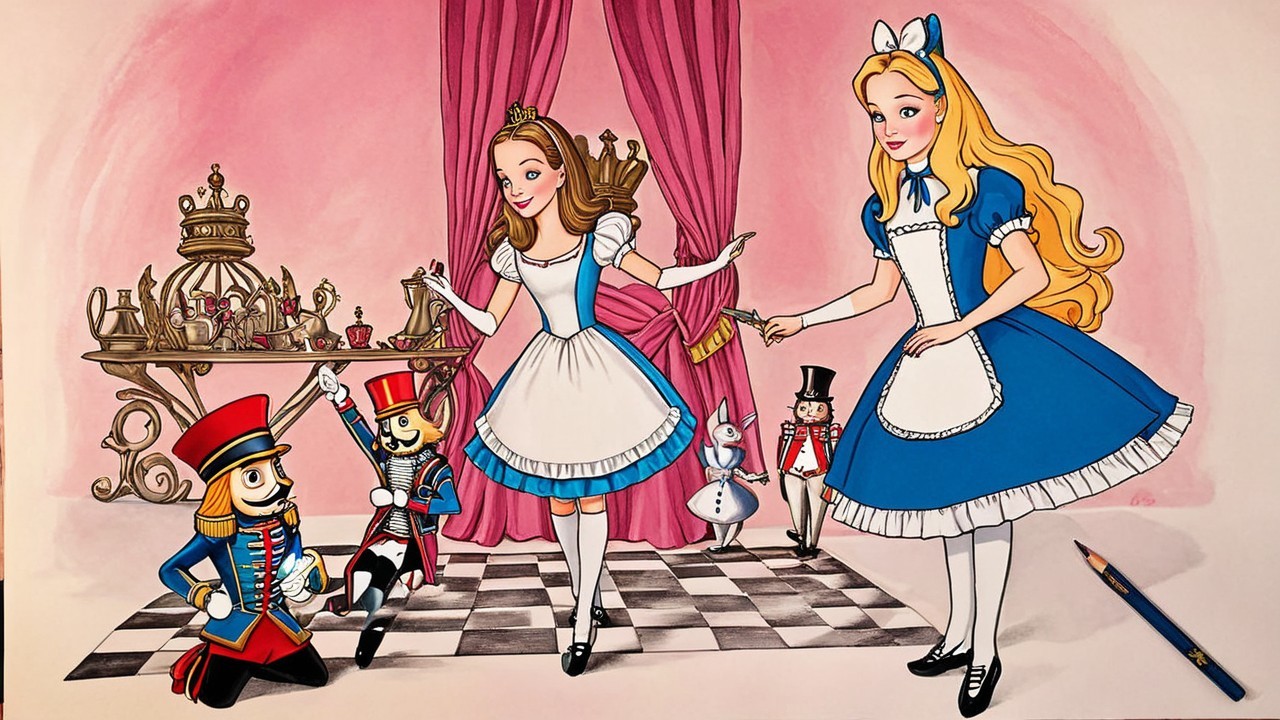 Young Girls in Classic Dresses with Whimsical Characters