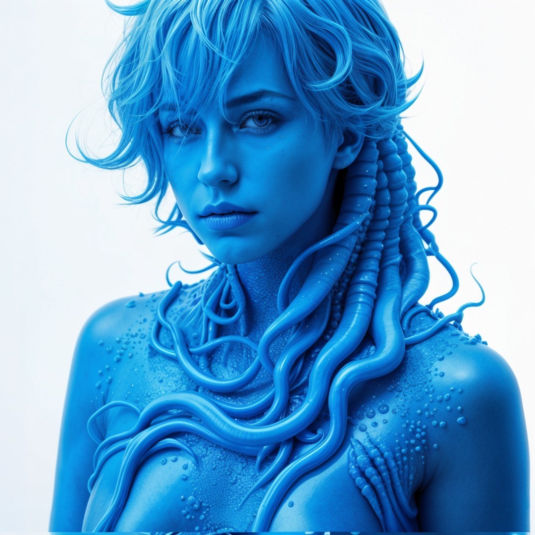 Surreal Figure with Blue Aesthetic and Accessories