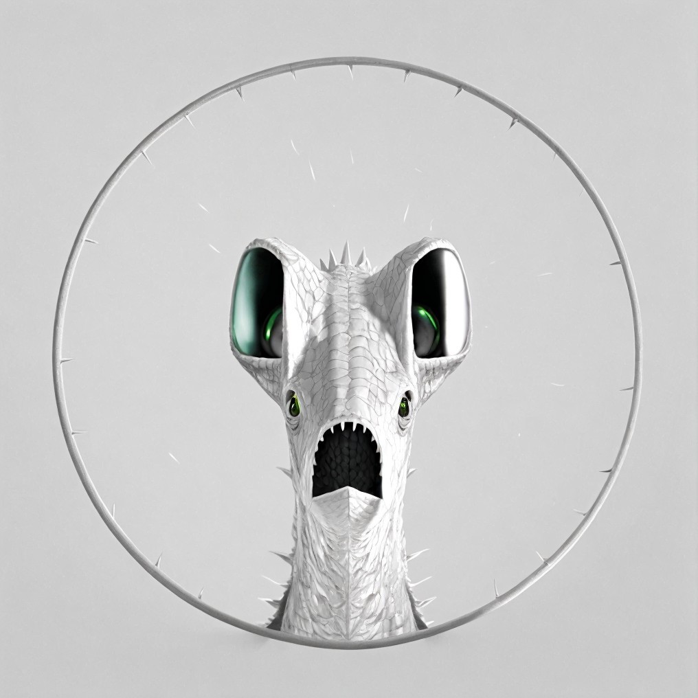 Surreal Reptilian Creature with White Skin and Green Eyes