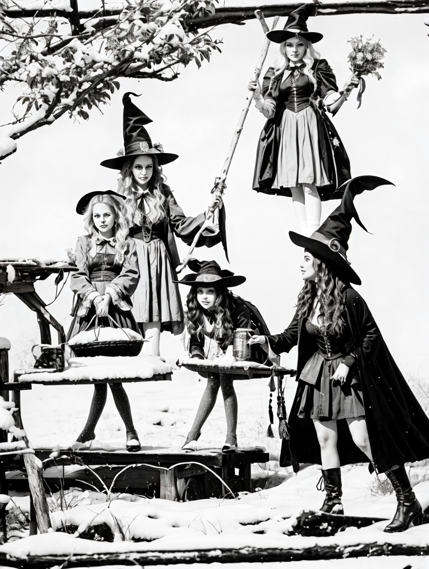Group of Young Witches in Snowy Black and White Scene