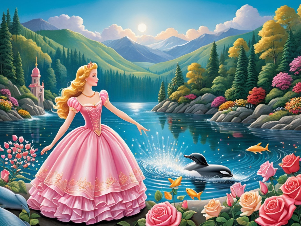 Princess by Shimmering Lake with Dolphins and Flowers
