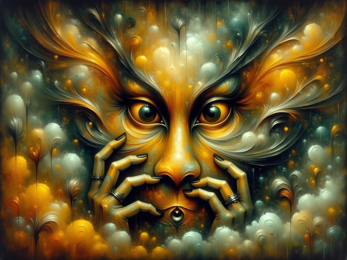 Surreal Artwork with Expressive Face and Swirling Patterns