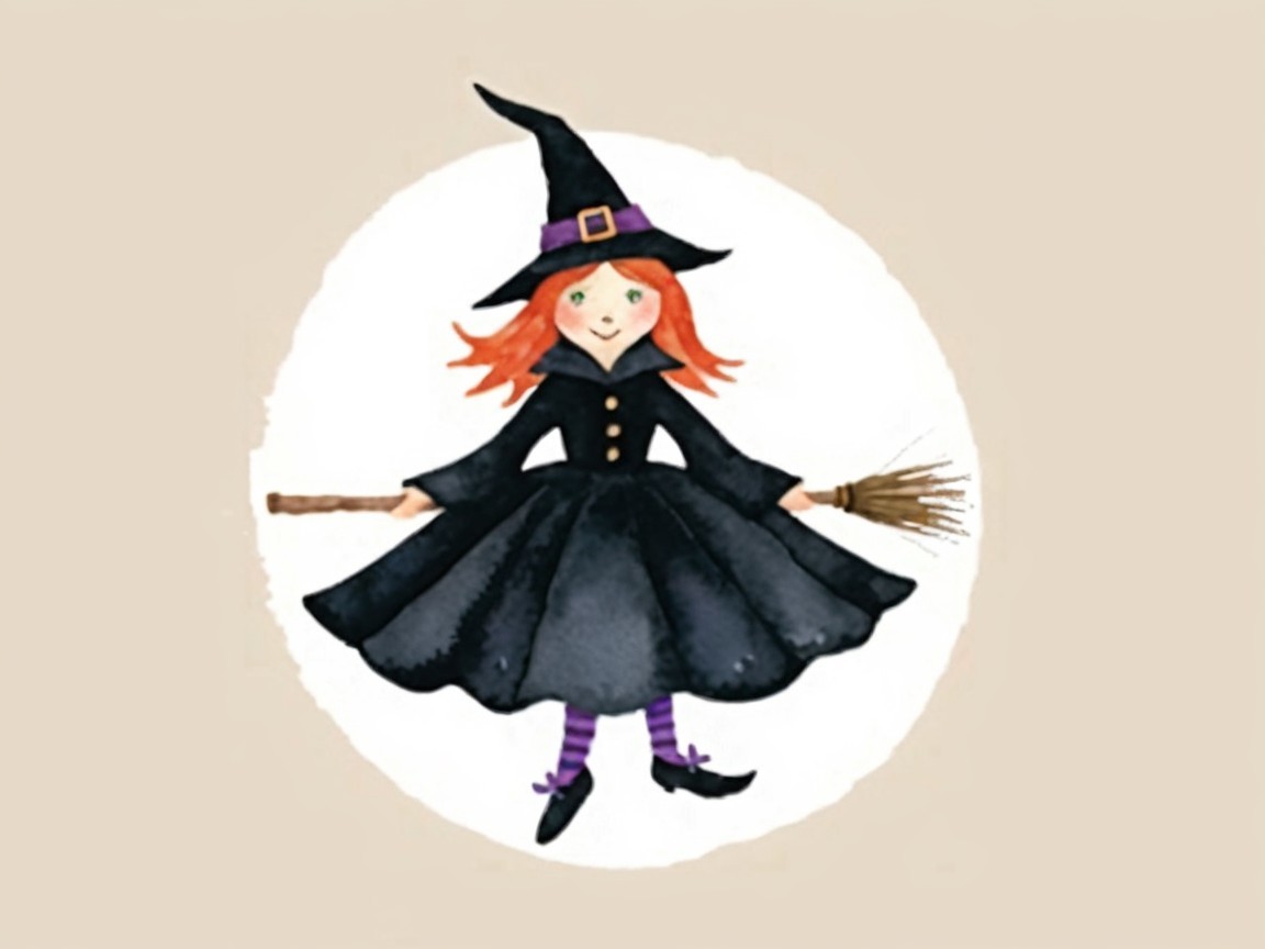 Cheerful Young Witch in Classic Attire with Broomstick