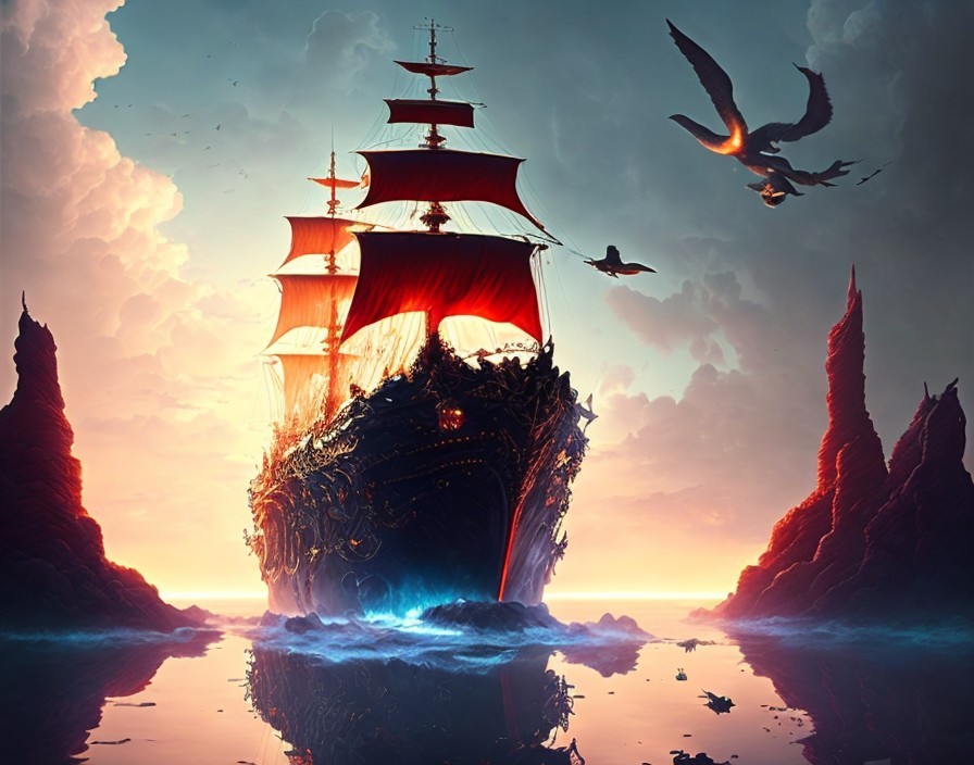 Majestic ship with red sails under surreal sunset sky