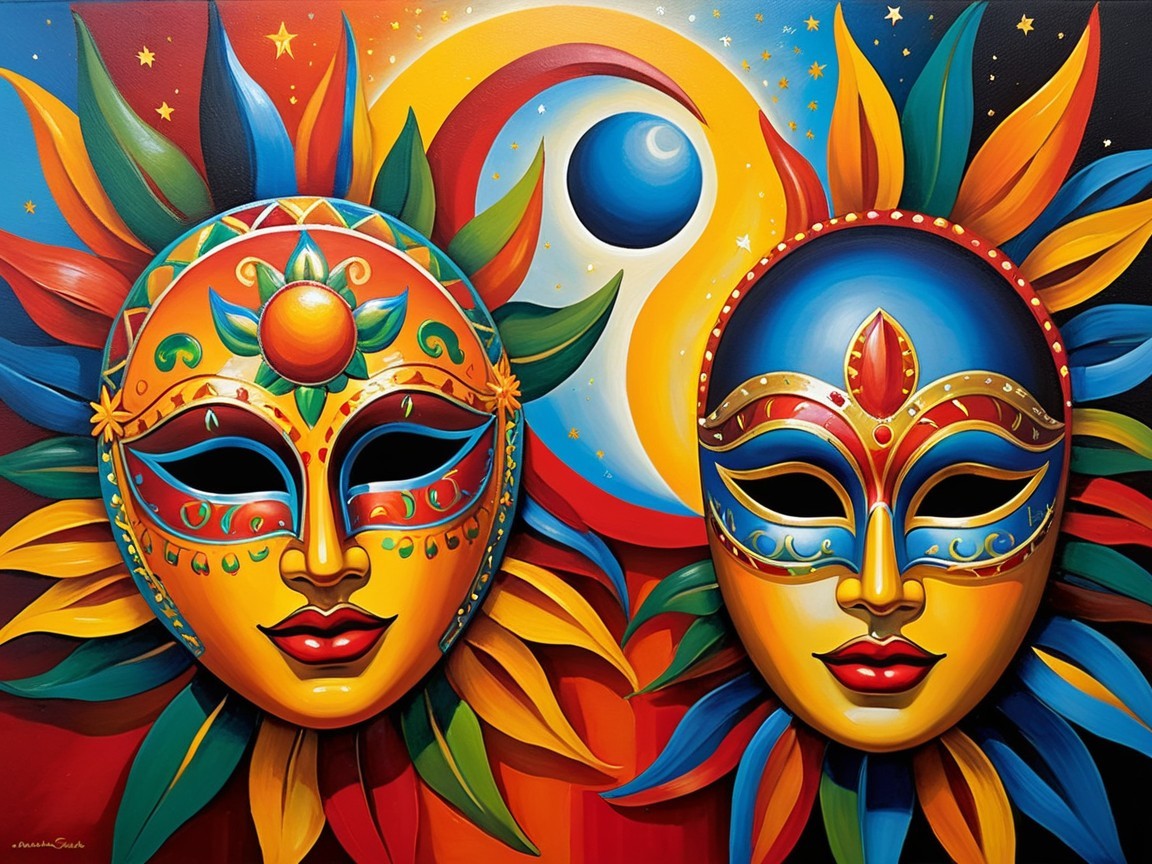 Vibrant Sun and Moon Masks in Abstract Art Style