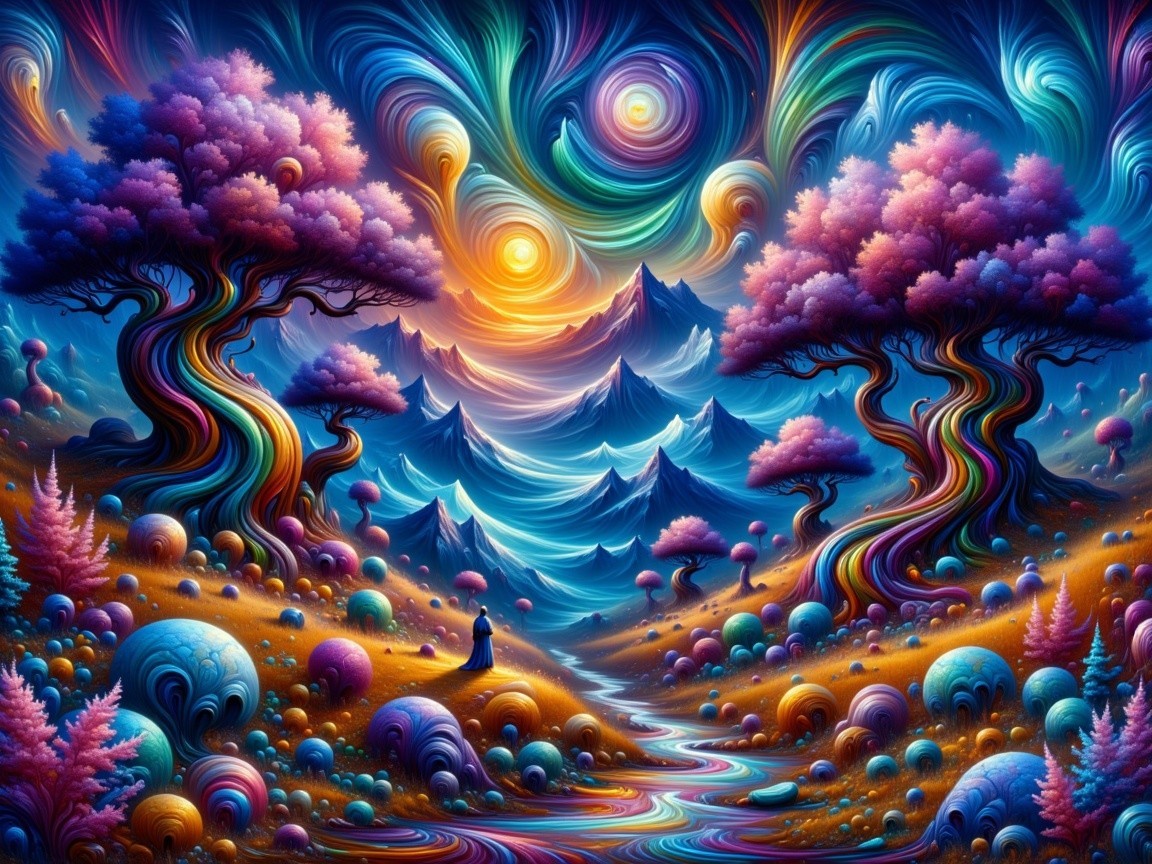 Vibrant Landscape with Colorful Trees and Mountains