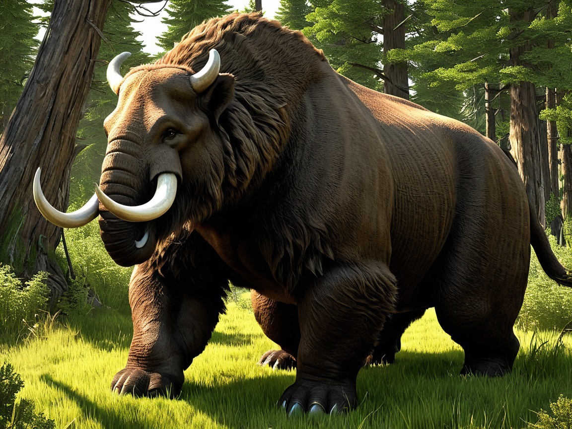 Prehistoric Mammoth-Like Creature in a Lush Forest