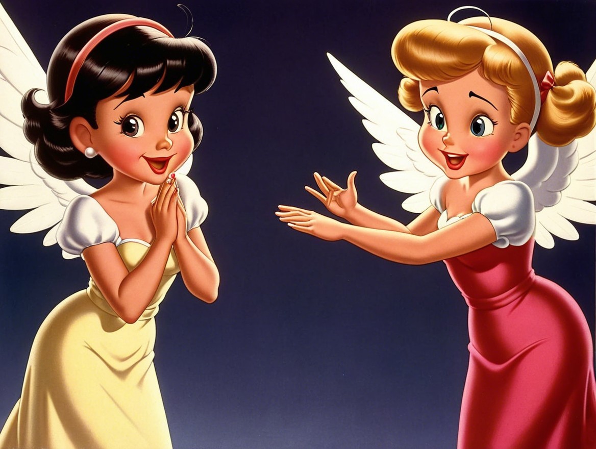 Animated Characters with Angelic Wings in Joyful Scene
