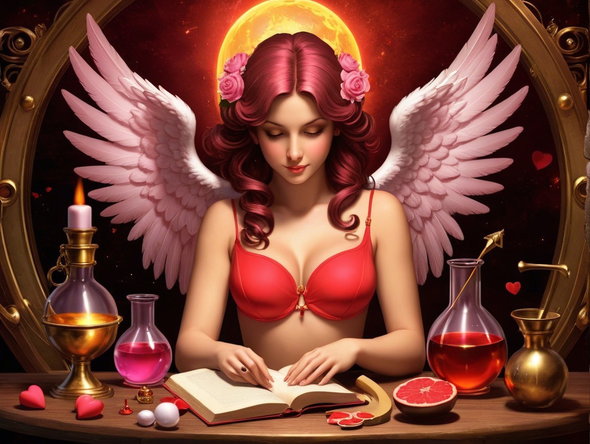 Mystical Scene of Woman with Pink Hair and Potions