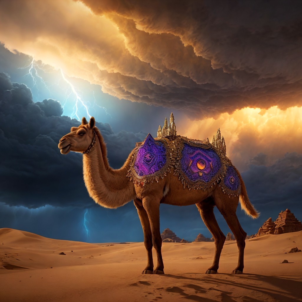 Camel in Desert with Dramatic Sky and Patterns