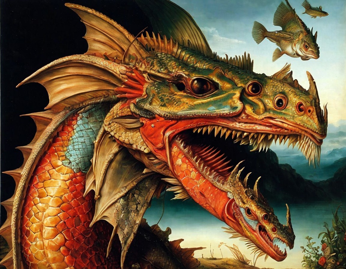 Vividly Colored Multi-Headed Dragon in Serene Landscape