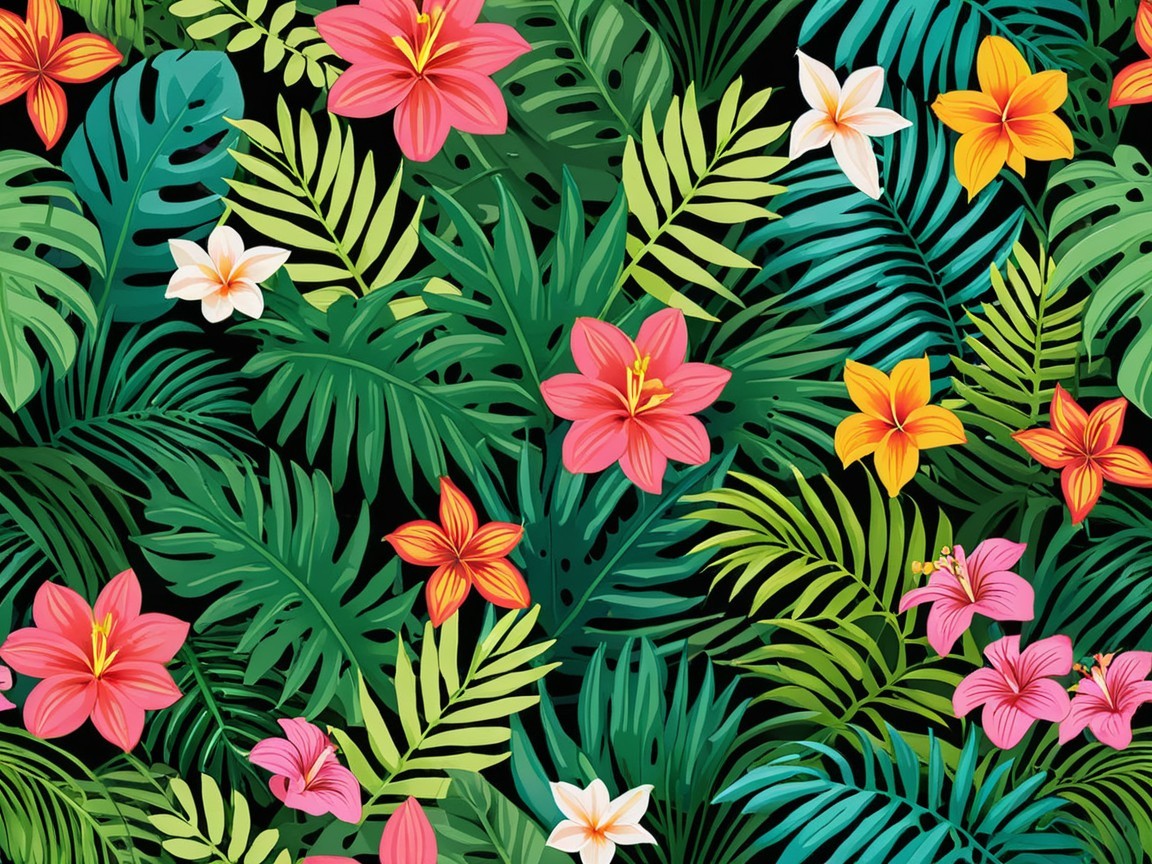 Tropical Flower and Foliage Pattern on Black Background