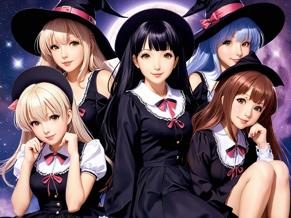 Anime Illustration of Five Distinct Witches at Night