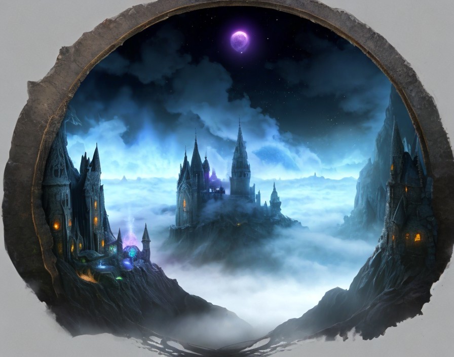 Mystical Castle in a Cloudy Night Landscape