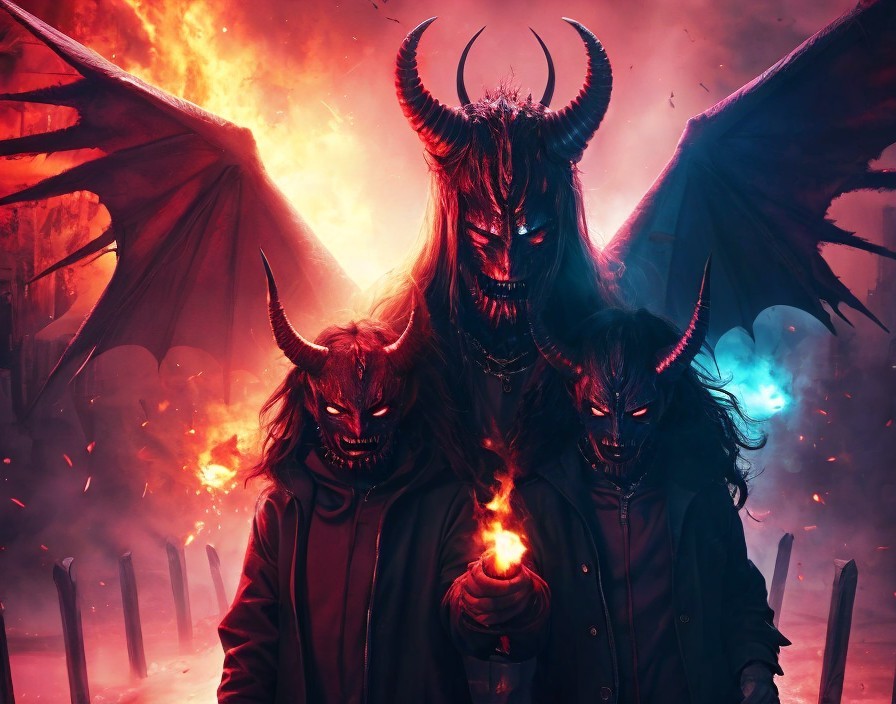 Menacing figure with horns in a fiery atmosphere
