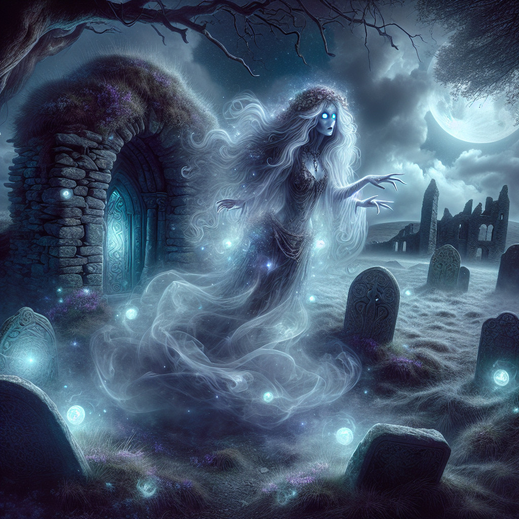 Spectral Figure in Misty Graveyard at Night
