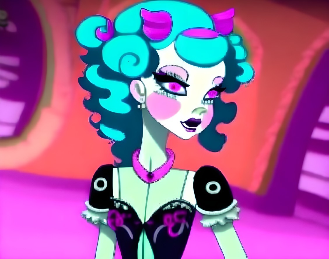 Animated character with turquoise hair and pink eyes