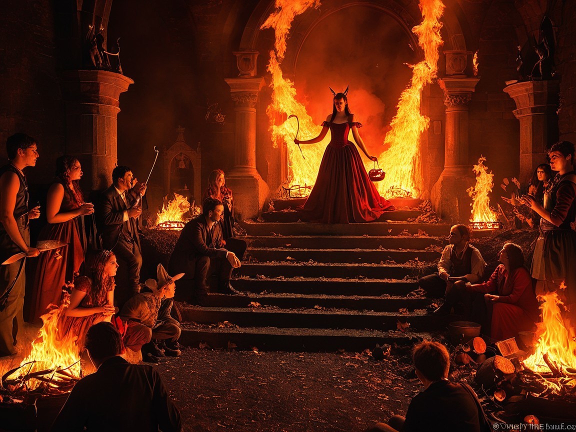 Figure in Red Gown on Stone Steps Amid Flames