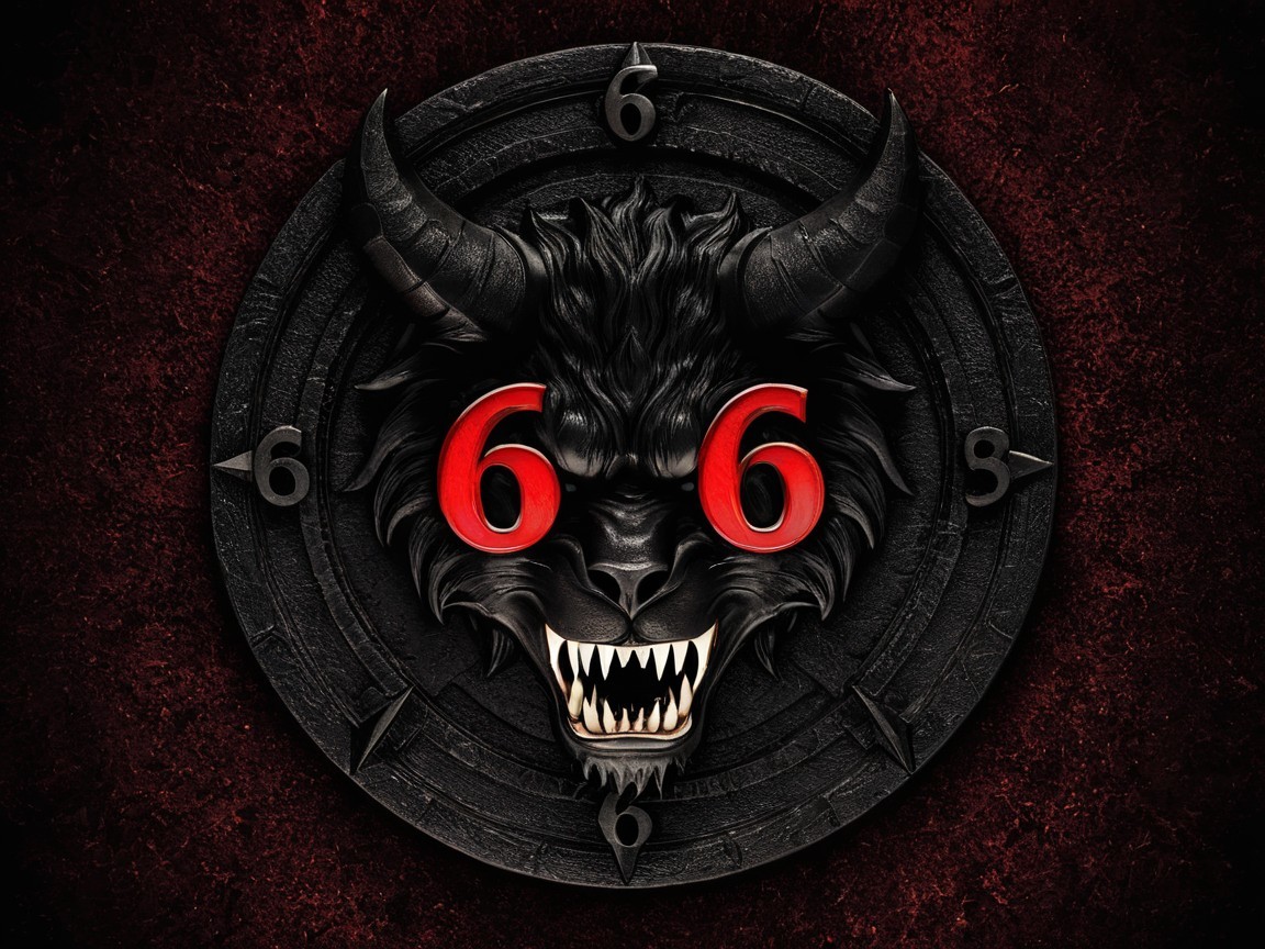 Demonic Face with Red Eyes and 666 Symbols