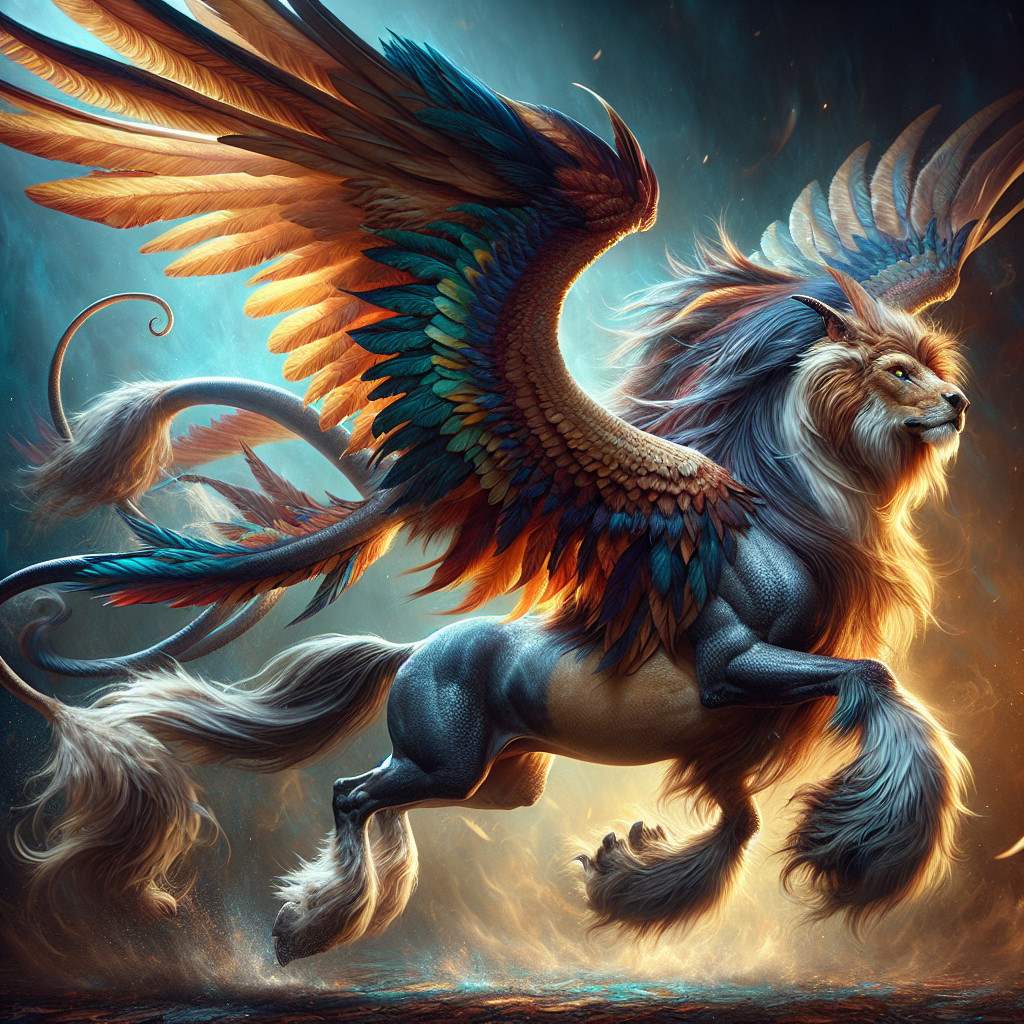 Majestic Lion-Bird Creature in Mystical Landscape