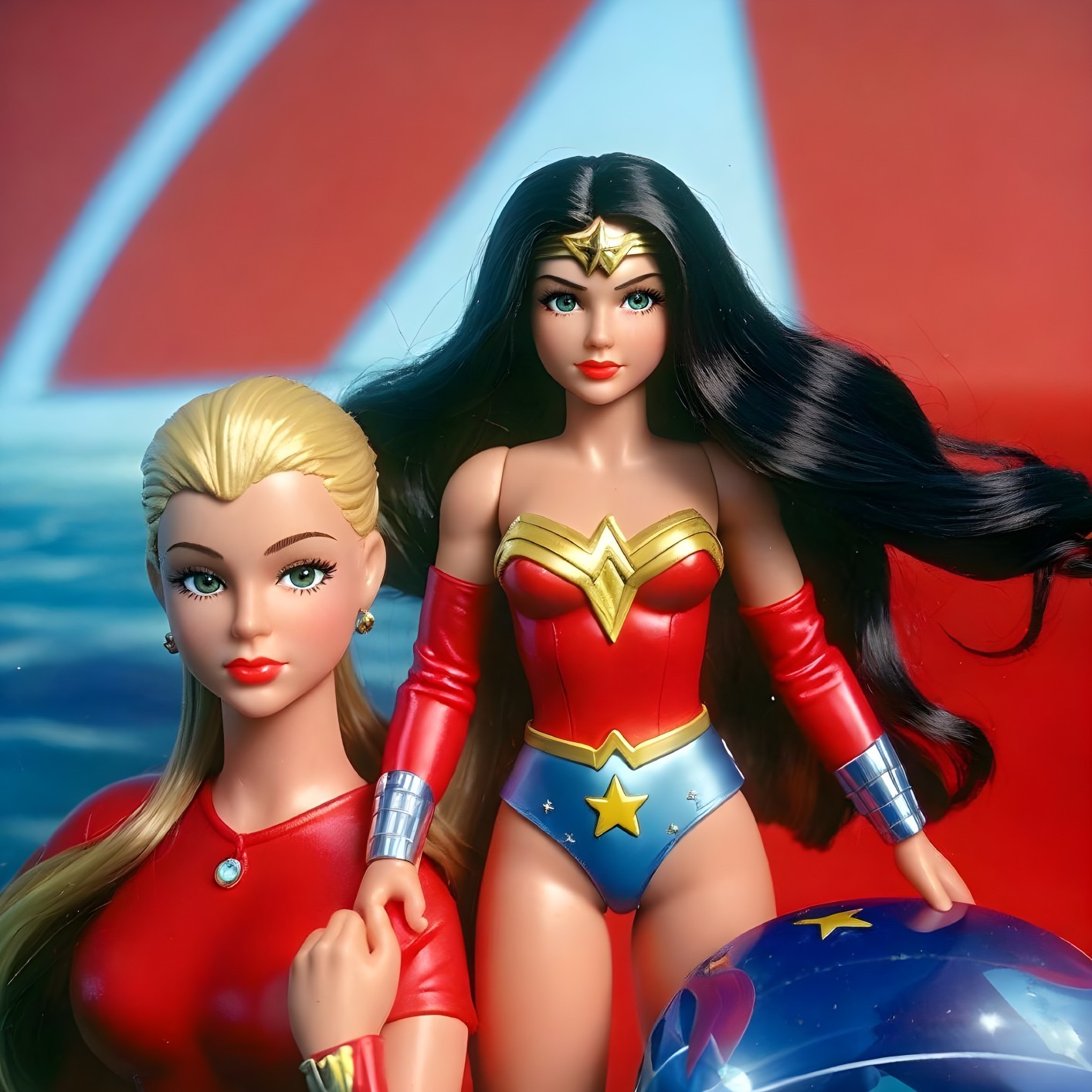 Stylish dolls in themed costumes with vibrant backdrop